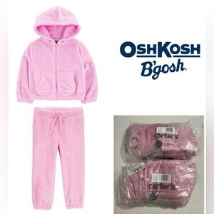 🆕OSHKOSH - 4T - NWT - 2PC SET - GIRLS PINK SHERPA FLEECE ZIP UP HOODIE AND PANTS